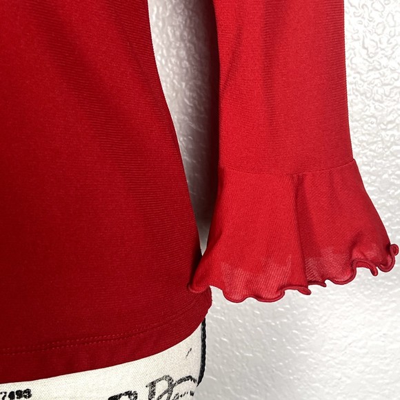 Style & Co Sz PS V-Neck Blouse Red 3/4 Sleeves Semi-Sheer Ruffles at Wrist - Picture 4 of 10